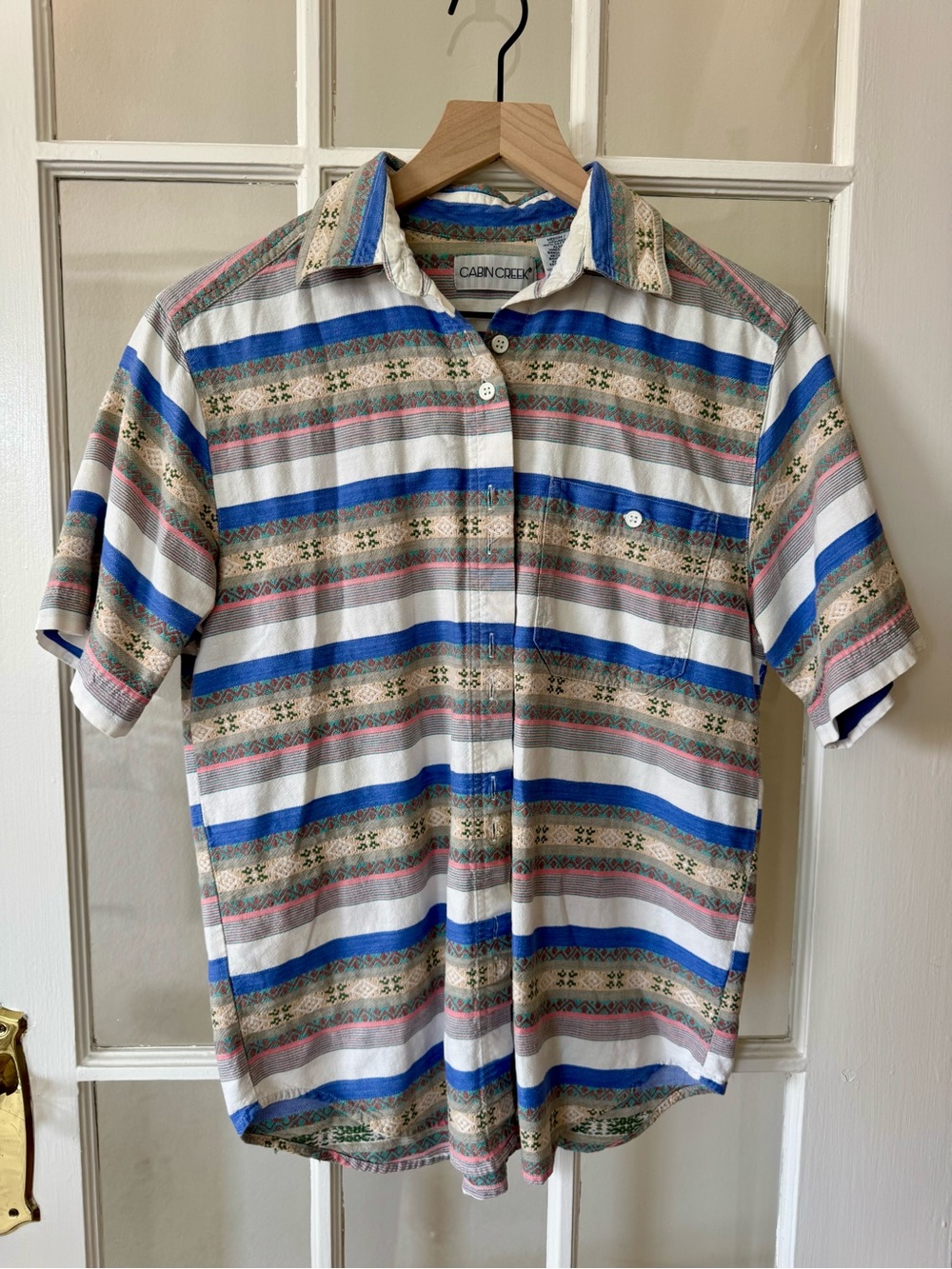 Cabin Creek Short-Sleeve Striped Button-Down Shirt - Blue, White & Tan Patterned